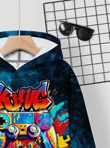 SHEIN Leap Crew Tween Boy Casual Minimalist Video Game Graphic Loose Fit Long Sleeve Hoodie Sweatshirt, Suitable For Autumn/Winter