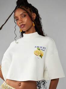 MISSGUIDED 阿马尔菲海岸意大利柠檬印花立领短款 T 恤夏季海滩度假地中海风格上衣 - 白色 - 查看 5