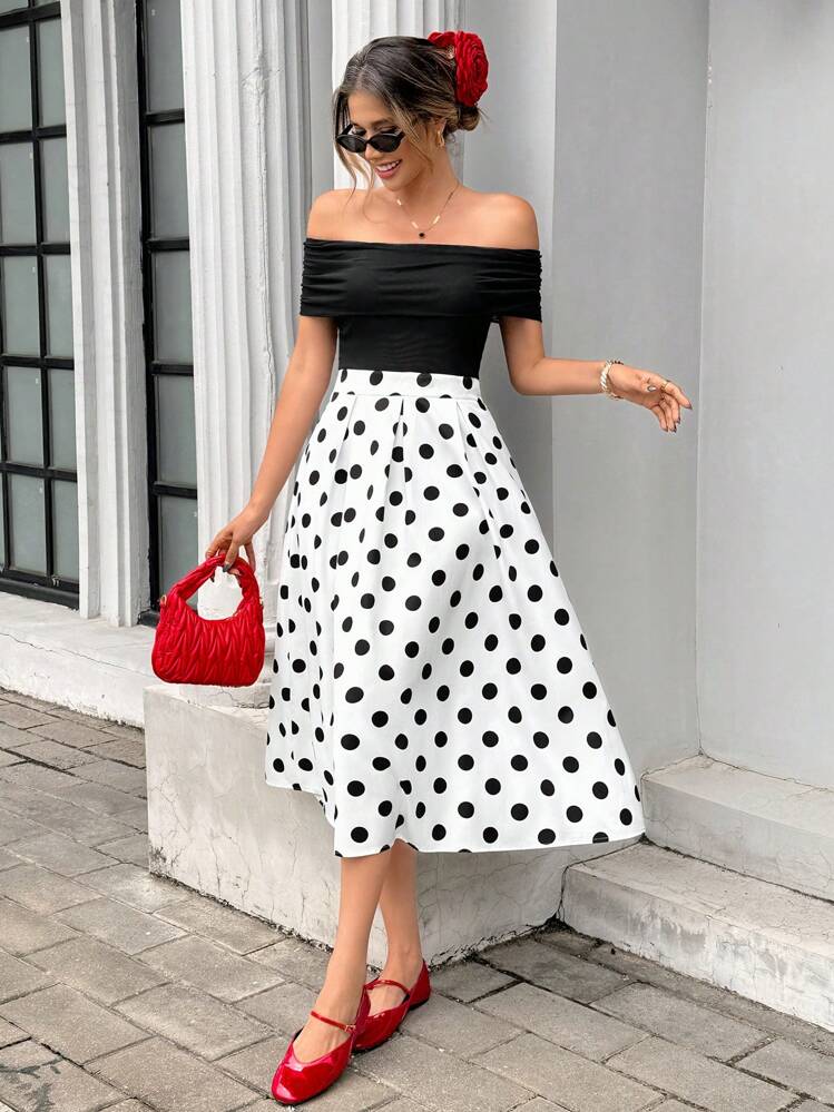 SHEIN PariChic French Elegant Polka Dot Skirt Straight Shoulder Top Women's Dress Polka Dot Dress Women's Summer Dress Women's Sexy Clothing Women's Party Dress - Multicolor - View 3