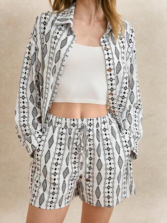 Écloséra 女士日常装纯色印花开衫长袖衬衫加短裤带口袋短裤夏季两件套女装两件套度假两件套夏季两件套女装夏装