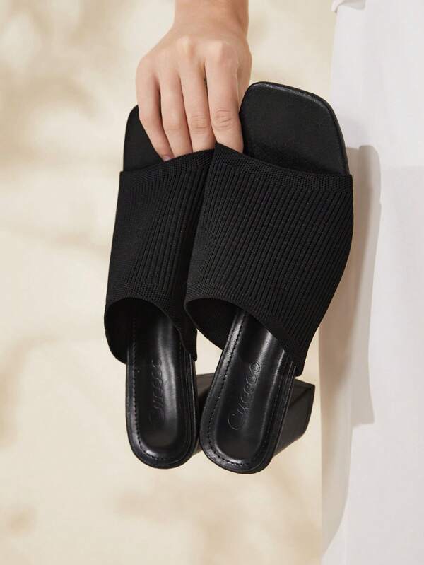 CUCCOO BASICS Woman Shoes Minimalist Knit Chunky Heeled Elegant Square Toe Black Heeled Sandals For Summer Graduation Heels Prom Heels Vacation Shoes Summer Back To School Shoes College Student Shoes Spring Shoes Spring Break Easter