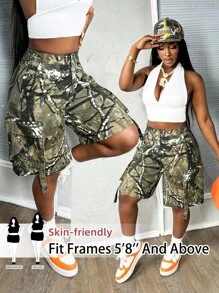 加大码女式迷彩树枝印花宽松牛仔短裤夏季度假服装女士七月四日七月四日女士俱乐部高腰短裤牛仔短裤弹性腰部牛仔裤曲线牛仔裤高腰裤曲线 - 綠色 - 查看 8