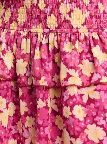 Nöista Women's Pink Floral Fuchsia Floral Mini Skirt With Smocked Waist,Layered Ruffle Detail,Lightweight Summer Boho Vacation Beach,Airport Look,4th Of July - Purple - View 5