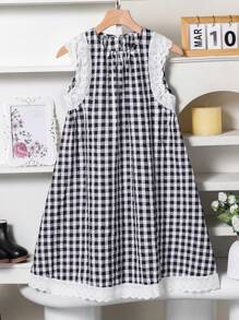 WESTFADE Young Vestido holgado y lindo con cuello redondo y mangas abullonadas a cuadros para niñas preadolescentes