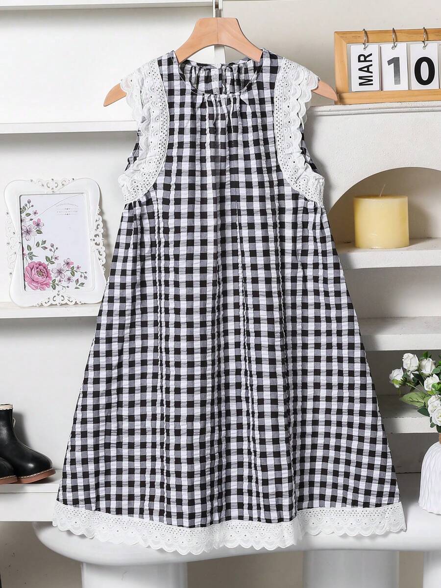 WESTFADE Young Vestido holgado y lindo con cuello redondo y mangas abullonadas a cuadros para niñas preadolescentes
