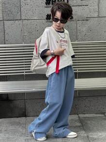 Dazy Kids 男童宽松休闲直筒牛仔裤，裤腿开衩，百搭实用，秋季款 - 藍色 - 查看 2