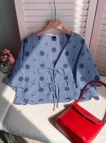 Comfortcana Chemise à manches tombantes à motif pied-de-poule bleu marine pour femmes