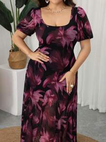 Modelyn Plus Size Spring/Summer Maxi Romantic Floral Print Fitted Elegant Contrast Mesh Insert Mermaid Hem Vacation Dress - Black - View 6