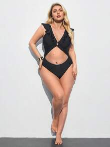 Maija Plus Size Women Holiday Solid Color Ruffled Collar Cutout One-Piece Swimsuit Summer Women Vacation Beach Business Casual Woman Going Out Tops Boho Office Outfits Festival Outfits For Rave Hawaii - Black - View 7