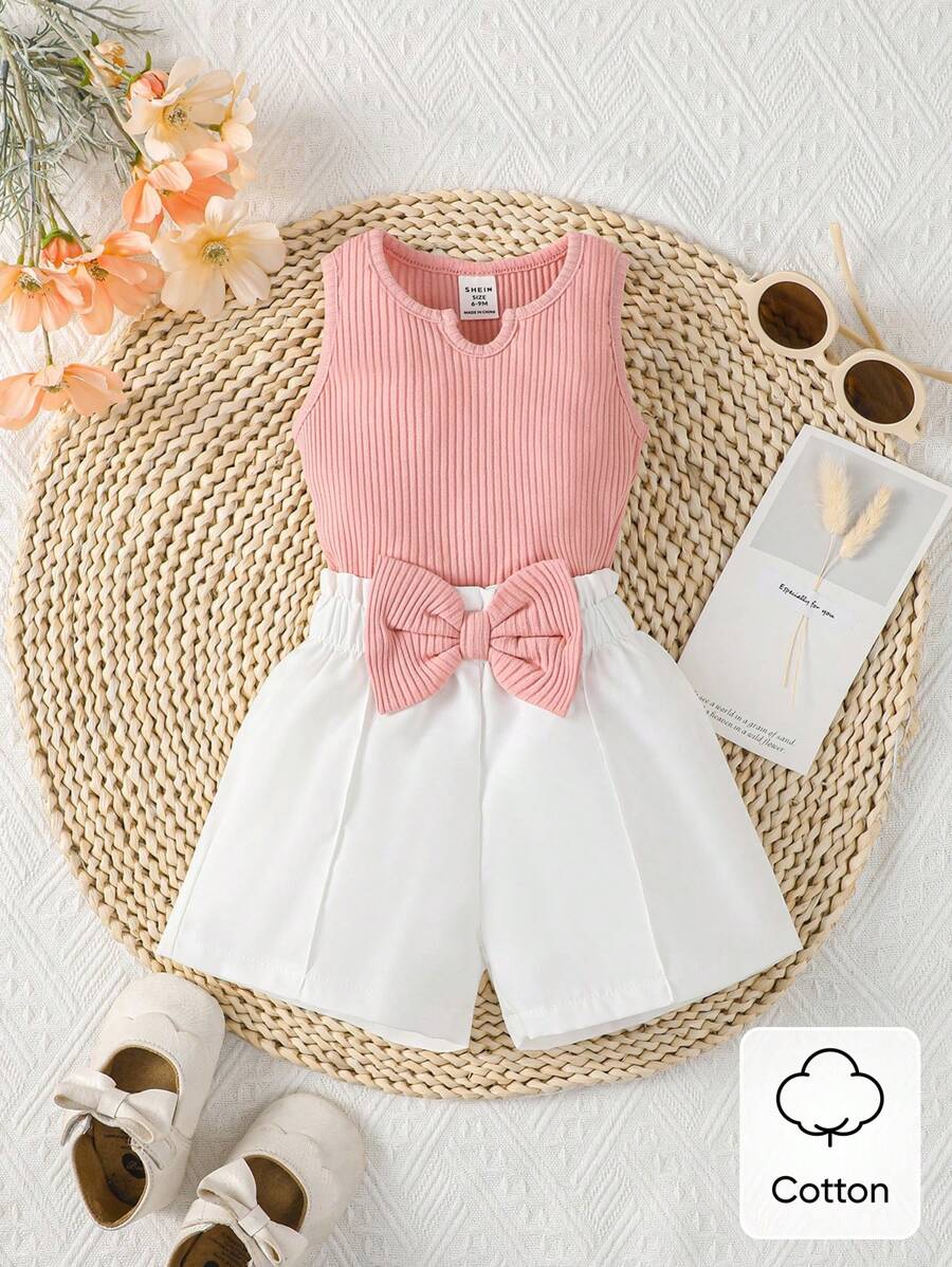 SHEIN Baby Girl Notched Neckline Tank Top & Bow Front Shorts - Multicolor - View 1
