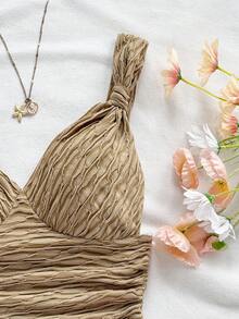 Soleia Women's Resort Ivory Knitted Texture V-Neck Adjustable Strap Fitted Ruched Back Tank Top, Suitable For Party, Date, Afternoon Tea, And Beach Vacation Ruched Top Tan Tops Women Light Brown Top Coffee Brown Top Earthy Tops