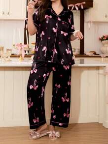 大码女式心形与蝴蝶结印花开襟上衣和裤子睡衣套装