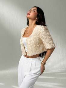 SHEIN PETITE Women's 3D Floral Decor Short Sleeve Fashionable Elegant Jacket ,Petite Women - Apricot - View 1