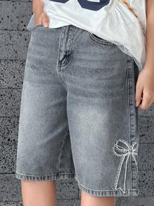 DAZY 夏季女童休闲水洗牛仔短裤，蝴蝶刺绣装饰 - 藍色 - 查看 5