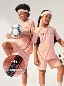 JNSQ Back To School Clothes, Tween Boys Outdoor Sports Short Sleeve Shorts Uniform T-Shirt Set Children's Round Neck Patchwork Contrast Color Funny Letter Print Outdoor Sports Short Sleeve Jersey Set - Orange - View 1