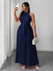 Elenzga 大码女式优雅浪漫度假连衣裙，露背系腰百褶连衣裙，适合婚礼 - 藏蓝色 - 查看 1