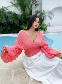 Flirla 大码V领褶皱泡泡袖衬衫，优雅性感 - 西瓜粉 - 查看 3