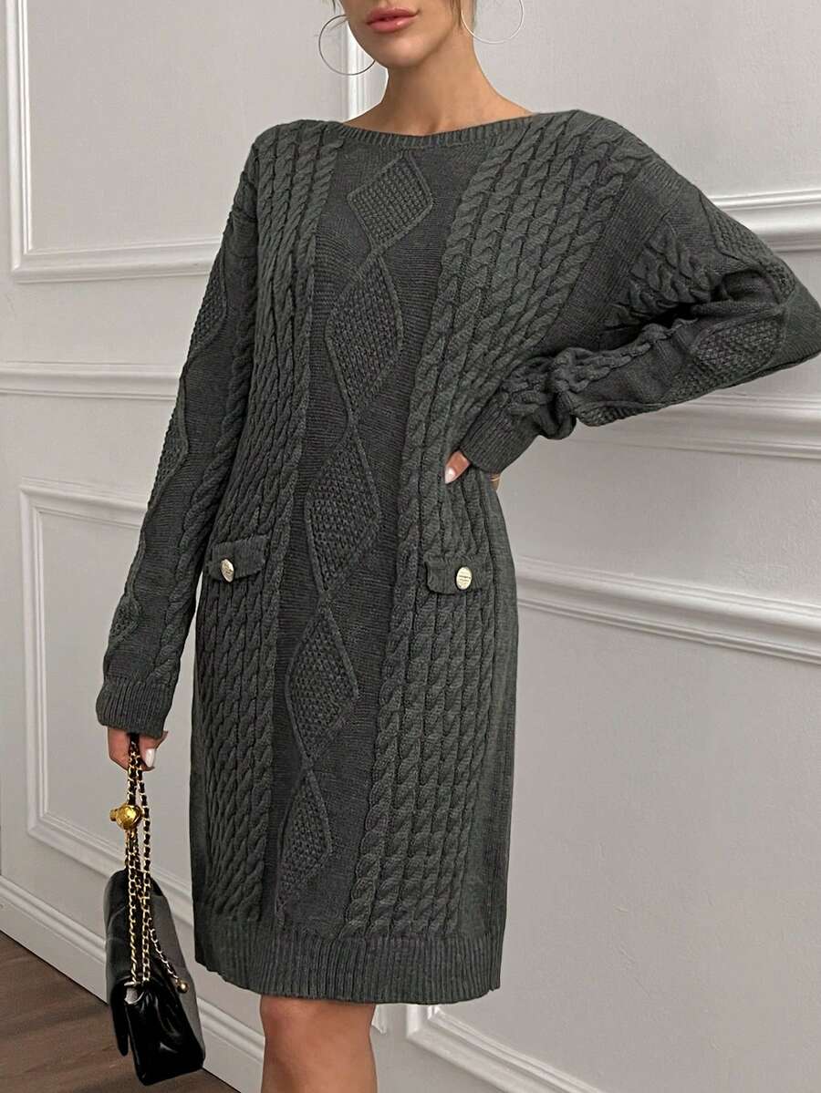 EURMUSE Women Solid Color Cable Knit Pattern Button Detailed Round Neck Mini Sweater Dress,Winter Dresses - Grey - View 1