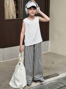 DAZY Tween Boy Solid Color Top + Striped Woven Pants 2 Pieces Outfit, Summer - White - View 7