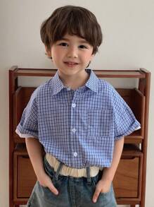 DAZY 小男孩格子短袖单排扣口袋休闲衬衫，夏季 - 藍色 - 查看 2