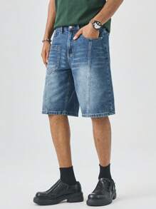 Manfinity EMRG Men's Summer Casual Street Patchwork Pocket Loose Denim Shorts - Medium Wash - View 5