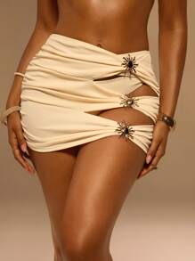 Swim Chiccia 女士夏季海滩金属防晒装饰吊带性感比基尼套装（含罩衫和裙子） - 杏色 - 查看 4