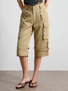 ROMWE Hippie Pantalones cargo de cintura baja vintage 3/4 para mujer (con cinturón de piel sintética) - Caqui - Ver 5