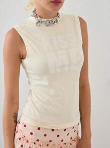COUREZ Camiseta de tirantes con gráfico de letras / Camiseta de verano de estilo callejero Y2K Vintage de algodón para vacaciones - Albaricoque - Ver 2