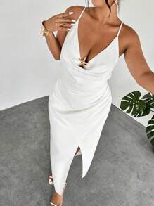 Firerie 大码女式优雅细肩带交叉后背开衩褶饰纯色长裙，带金属饰边，适合约会、度假、婚礼、情人节、音乐会、表演、高级宴会、舞会、性感、优雅、通勤、返校、海滩、浪漫、办公室女郎、美人鱼风格、生日派对 - 白色 - 查看 6