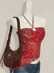 SHEIN ICON Y2k Halter Western Boho Red Country Concert Flowy Paisley Print Vintage Floral Print Asymmetrical Hem Backless Halter Top, Fashionable For Vacation - Multicolor - View 8