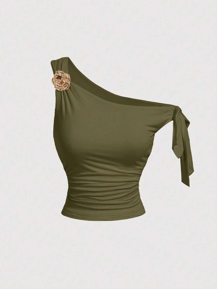 SHEIN MOD Women's Bow Decor Metal 3D Flower Khaki Green Oblique Shoulder Blouse - Army Green - View 1