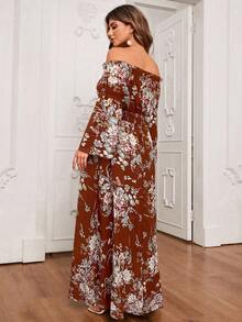 SHEIN VCAY Plus Size Off-Shoulder Long Sleeve Floral Print Maxi Dress, Vacation Style - Burnt Orange - View 2