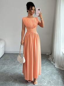 Selianne Vestido longo feminino elegante, simples, de alta qualidade, cor sólida, sem mangas, vintage, com cintura vazada, torcido, plissado, linha A, adequado para escritório, deslocamento, praia, férias, festival de música, primavera/verão