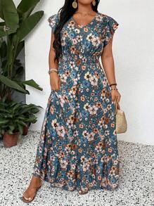 SHEIN LUNE Plus Size Women V-Neck Allover Print Simple Long Casual Dress Bohemian Summer Boho Old Money Summer Outfits For Women Spring Break Rave Outfits Festival Spring Break Outfits Look São João São João São João 2025 Midsummer Day Outfit Graduation Dress Wedding Guest Dress Women Vacation Outfits Woman Beach Outfits For Woman Festival Sundress Birthday Dresses For Women Summer Long Dress Long Floral Dress Women Casual Long Dress Short Sleeve Maxi Dress Women Vacation Dress,Maxi Dress