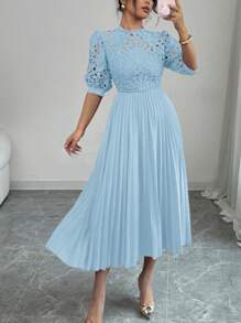 Rafferiza Elegant Luxurious Solid Color Hollow Embroidery Splice Pleated Dress Summer Dress - Baby Blue - View 4