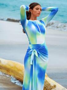 Swim Shayni 女士夏季假期保守蓝白绿扎染长袖拉链上衣、裤子和透明长裙 3 件套比基尼套装沙滩装