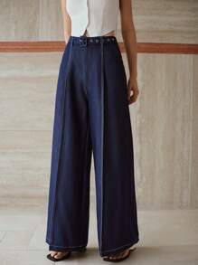 MOTF PREMIUM 露缝阔腿牛仔裤 - 藍色 - 查看 5