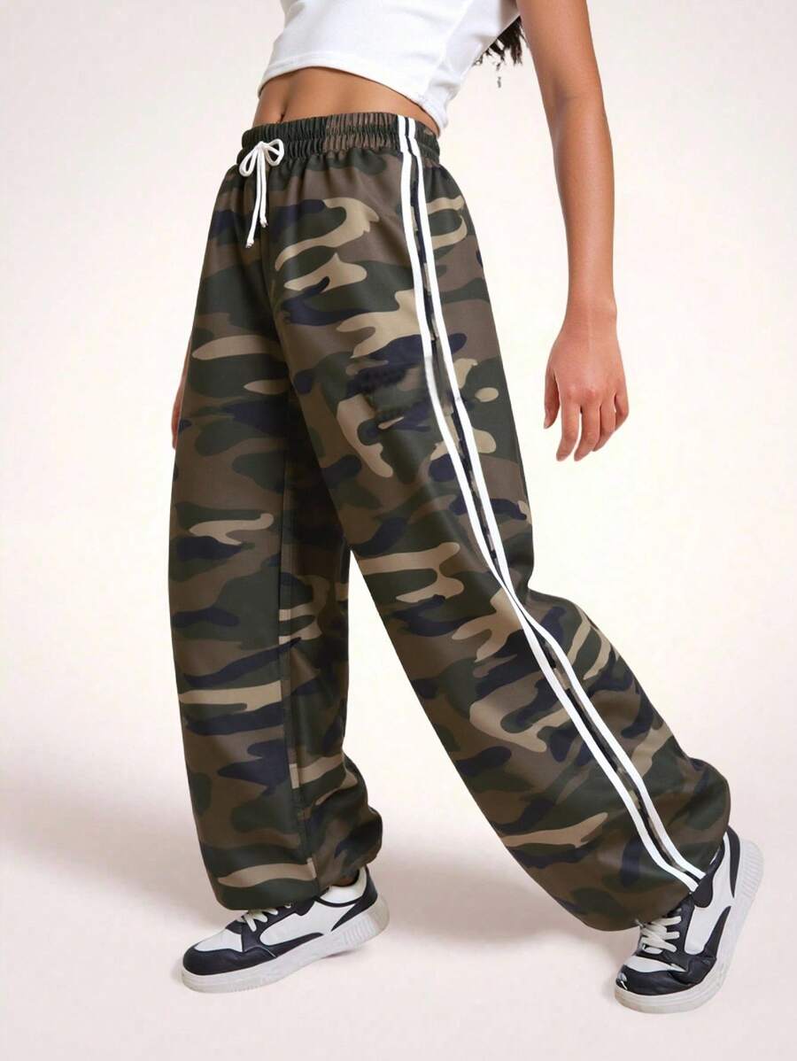 Tween Girls Casual Fashionable Street Camo Print Side Tape Trim Elasticated Sweatpants Fall Winter