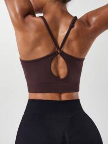 SHEIN Sports Women's Comfortable Brown Cropped Spaghetti Strap Sport Bra Top With Open-Back Lace-Up Detail For Yoga & Gym - Brown - View 2