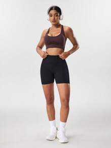 SHEIN Sports Women's Comfortable Brown Cropped Spaghetti Strap Sport Bra Top With Open-Back Lace-Up Detail For Yoga & Gym - Brown - View 6