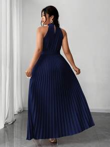 Elenzga 大码女式优雅浪漫度假连衣裙，露背系腰百褶连衣裙，适合婚礼 - 藏蓝色 - 查看 3
