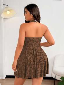 SHEIN Clasi Plus Size Solid Color Jacquard Plunging Backless Halter Dress - Brown - View 5