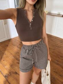 SHEIN Cottnline سروال قصير نسائي مطبوع بنمط جينجام متعدد الألوان مع رباط للسحب - متعدد الألوان - مشاهدة 1