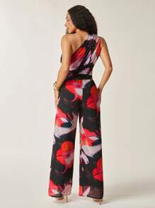 Vixey Black Floral Summer Tropical Jumpsuit For Women,One Shoulder Cut Out Ruching Detail Wide Leg Chiffon Jumpsuits,Vacation Holiday Wedding Guest Dress - Black - View 3