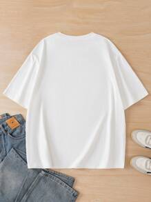 FRIENDS X SHEIN Elena Ilustra Camiseta blanca de verano con diseño gráfico de figura y dibujo animado, de corte holgado y casual para hombre
