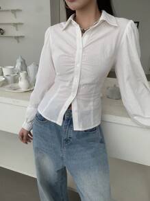 SHEIN EZwear 女式白色休闲前扣褶皱修身长袖衬衫 - 白色 - 查看 4