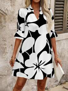 SHEIN Clasi Vestido corto casual con cuello en V, estampado floral y manga media para mujeres, adecuado para el verano