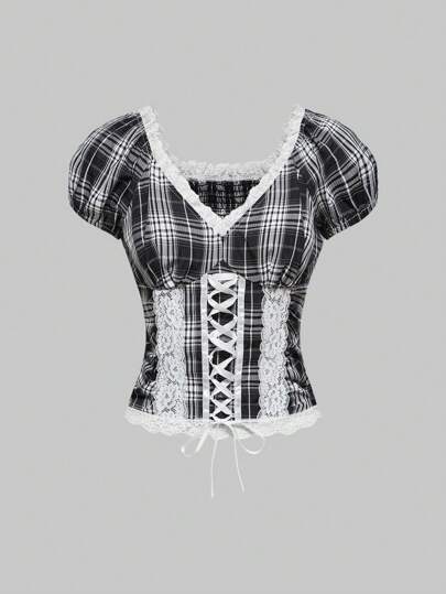 J-Fashion Blusa de mujer con paneles de encaje y hombros descubiertos