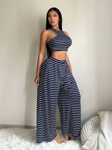 SHEIN SXY Set de 2 piezas con top ajustado sin mangas y pantalones con estampado de rayas para mujeres