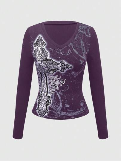 Goth Women's Casual Vintage Cross Print T-Shirt